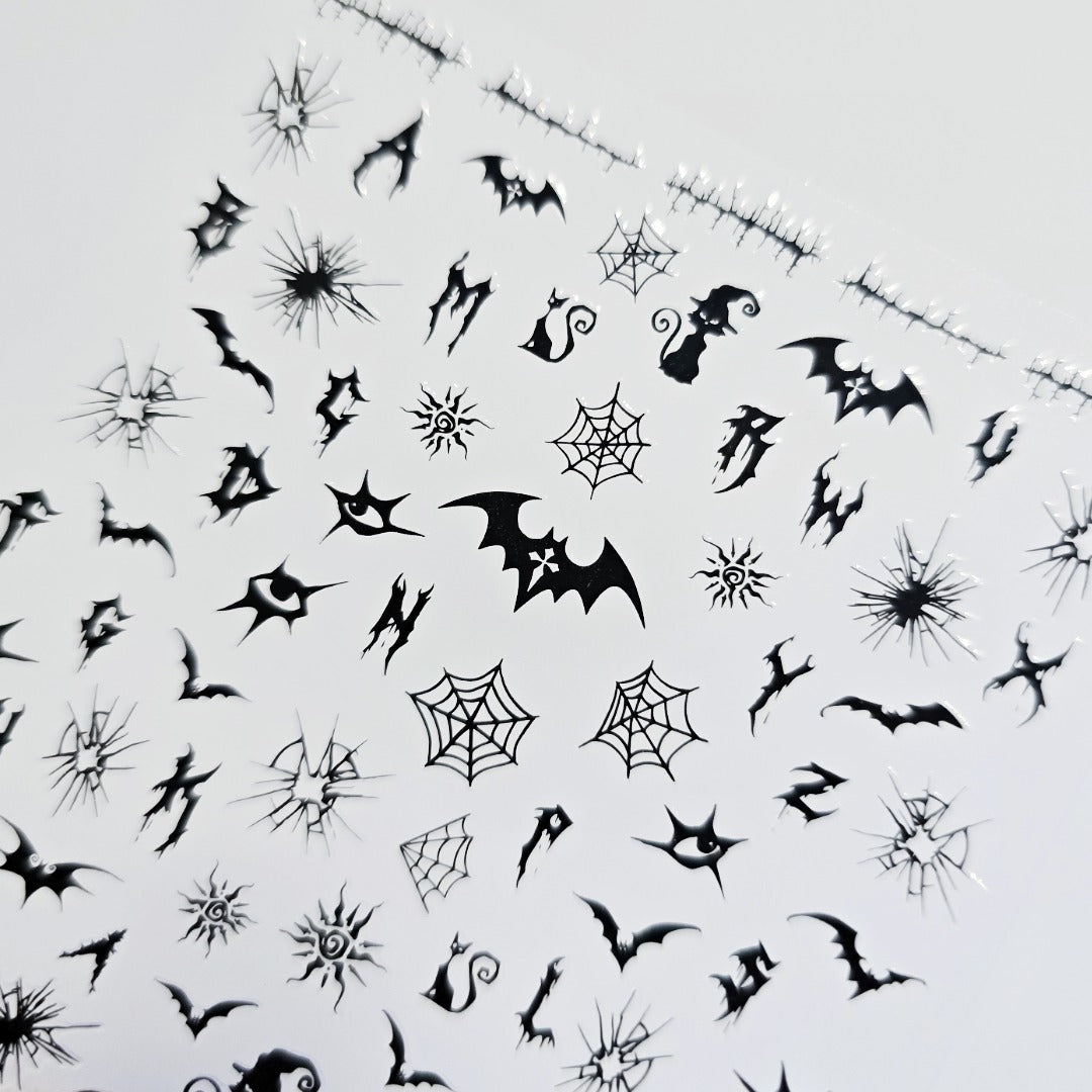Bat & Web Halloween Nail Stickers – Spooky Black Cat & Witch Designs