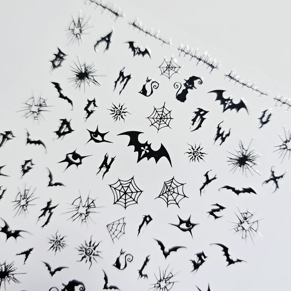 Bat & Web Halloween Nail Stickers – Spooky Black Cat & Witch Designs