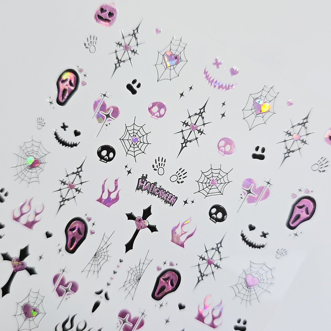Spooky Cute Holographic Nail Stickers – Pink Flames, Webs & Skulls