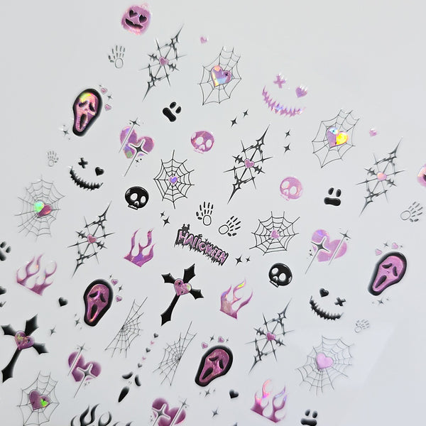 Spooky Cute Holographic Nail Stickers – Pink Flames, Webs & Skulls