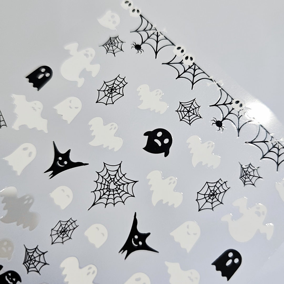 Ghost & Web Halloween Nail Stickers – Black & White Spooky Designs