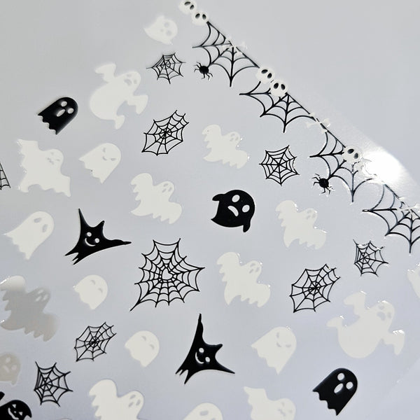 Ghost & Web Halloween Nail Stickers – Black & White Spooky Designs
