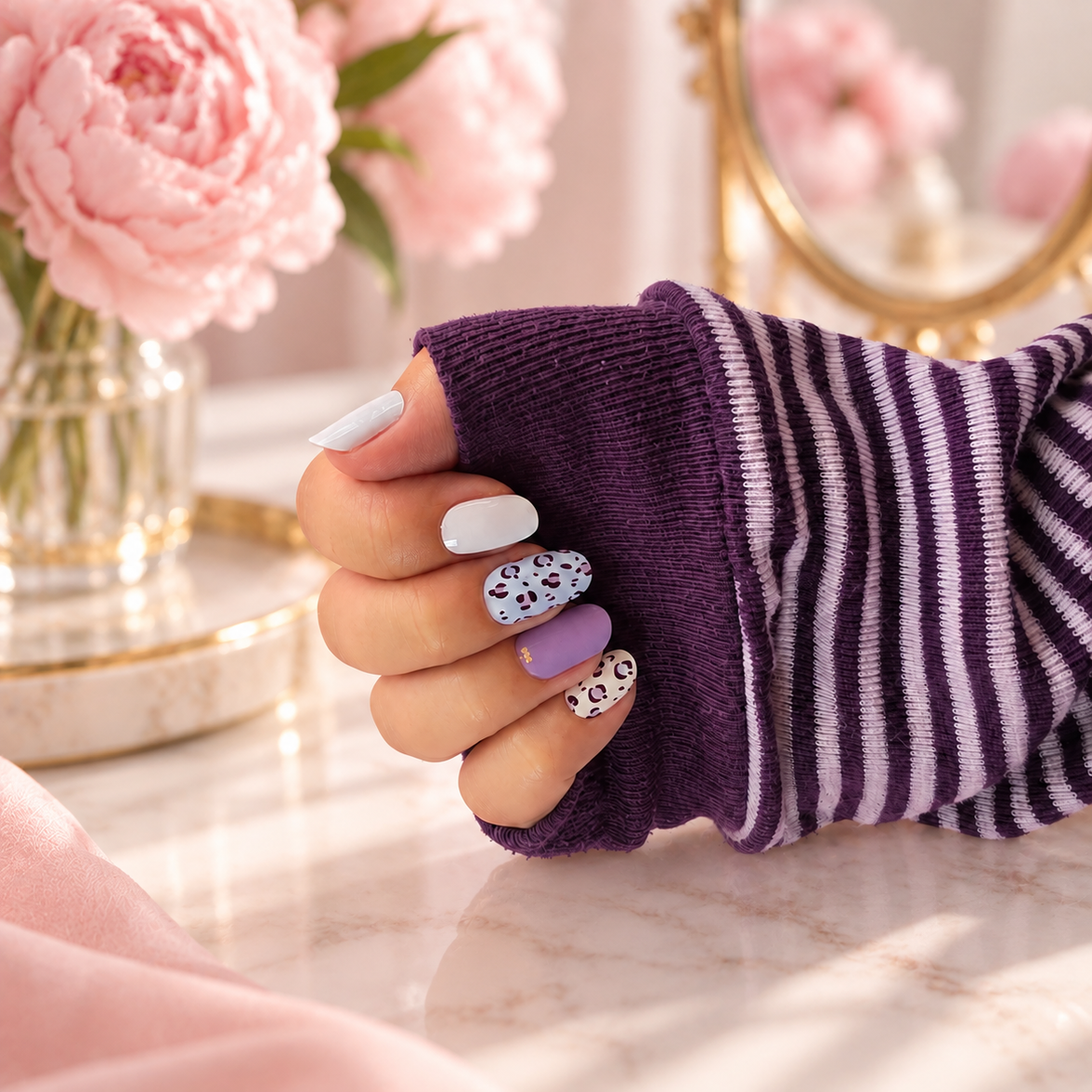 Hand wearing Prowl periwinkle and violet leopard print nail wraps