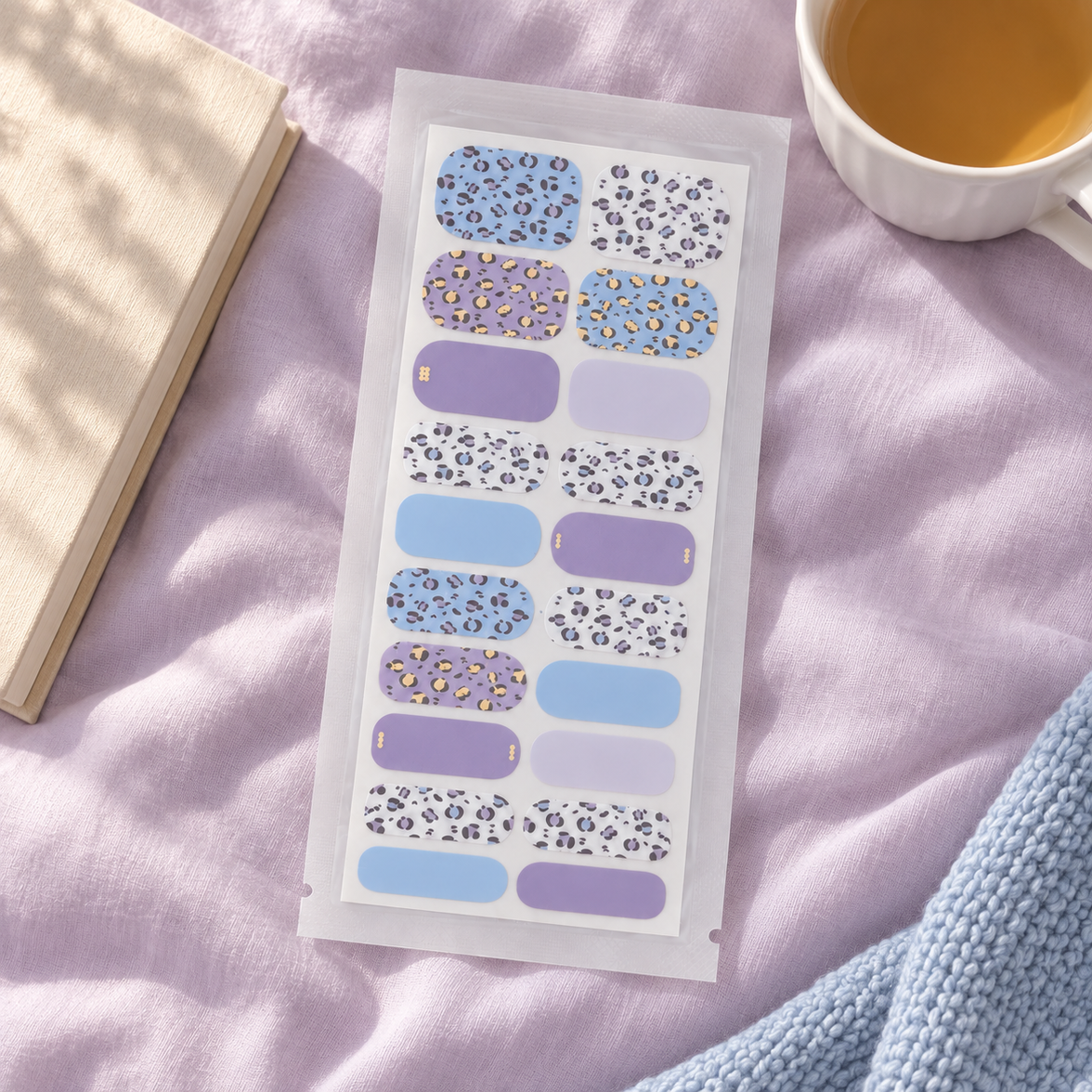 Prowl blue purple animal print nail wrap sheet with wider sizes for broader nails