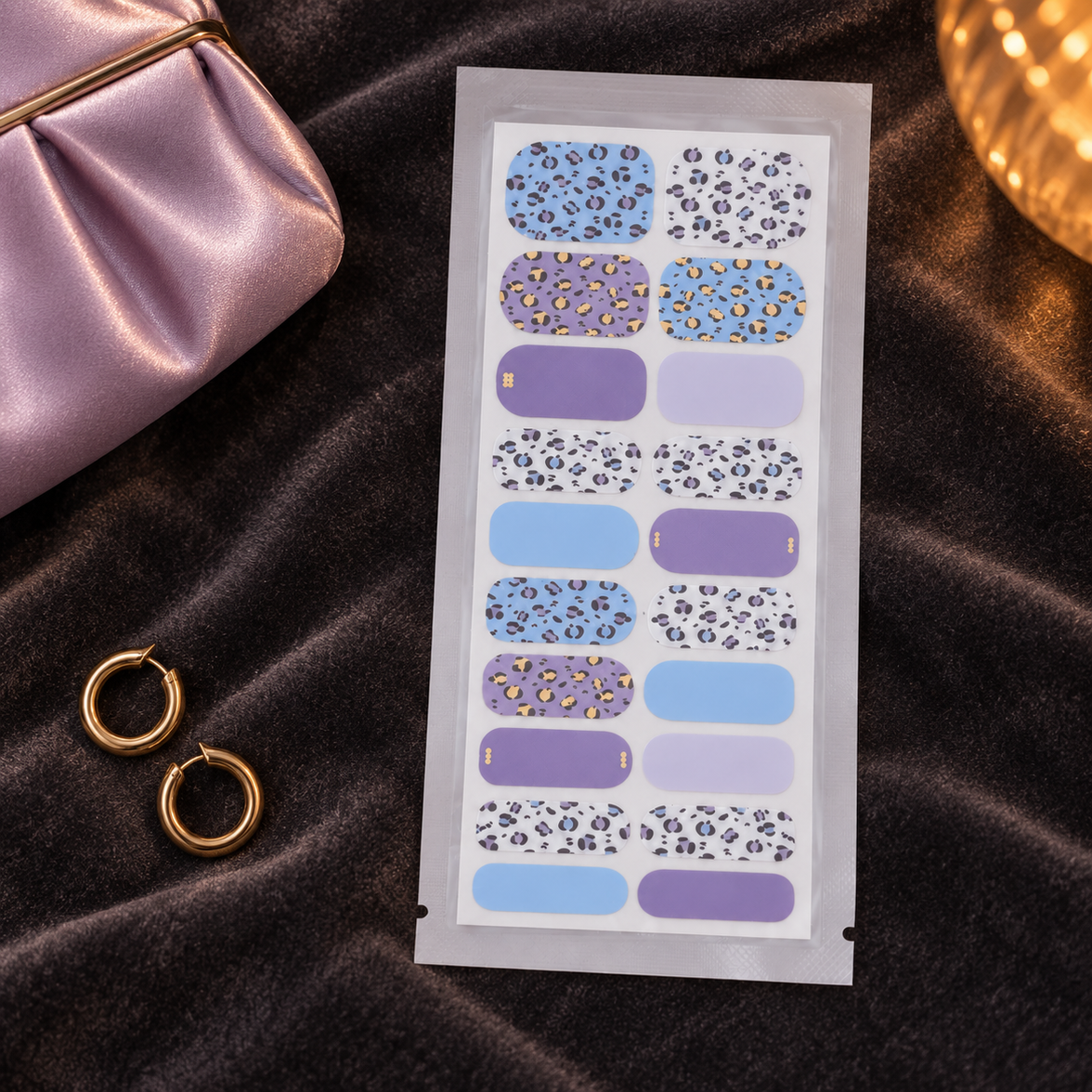 Prowl leopard print nail wraps in blue and purple, EzyNails pack