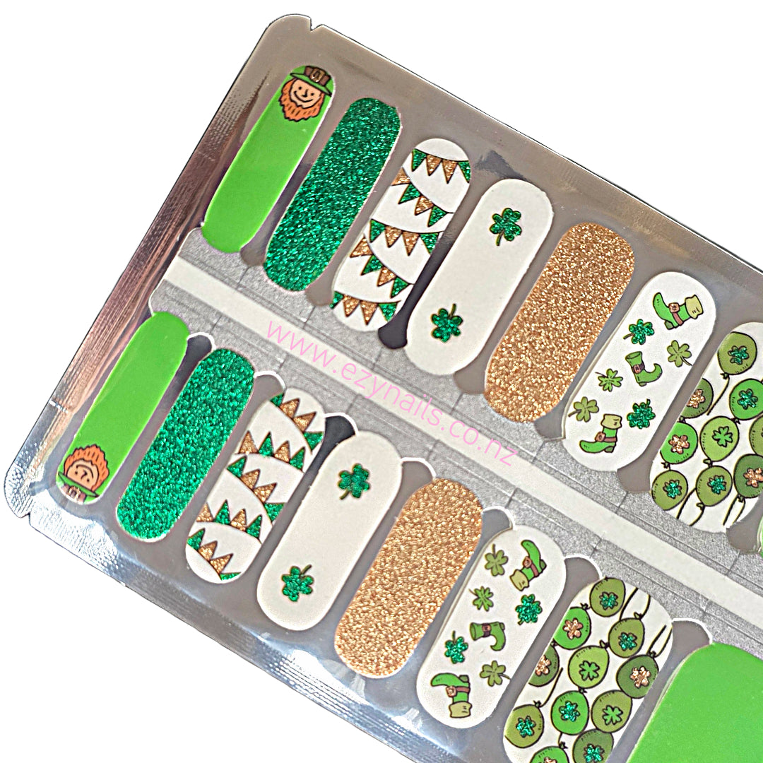 Shamrock Shuffle Nail Wraps on short nails