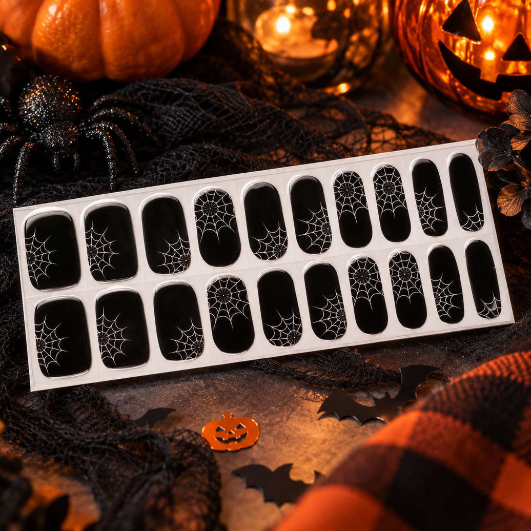 Black Spiderweb Halloween Premium Gel Wraps, black spiderweb Halloween manicure – EZYNails nail wraps, NZ