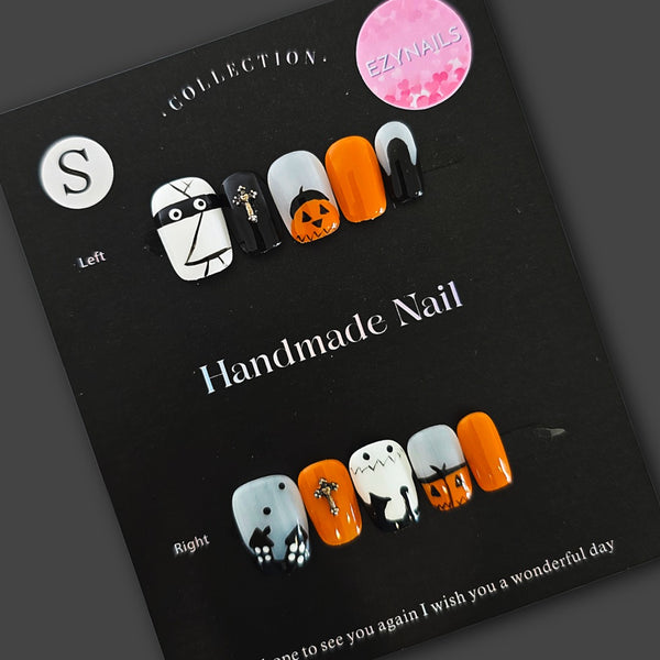 Spooky Squad Handmade Press-On Nails – Halloween Pumpkin & Ghost