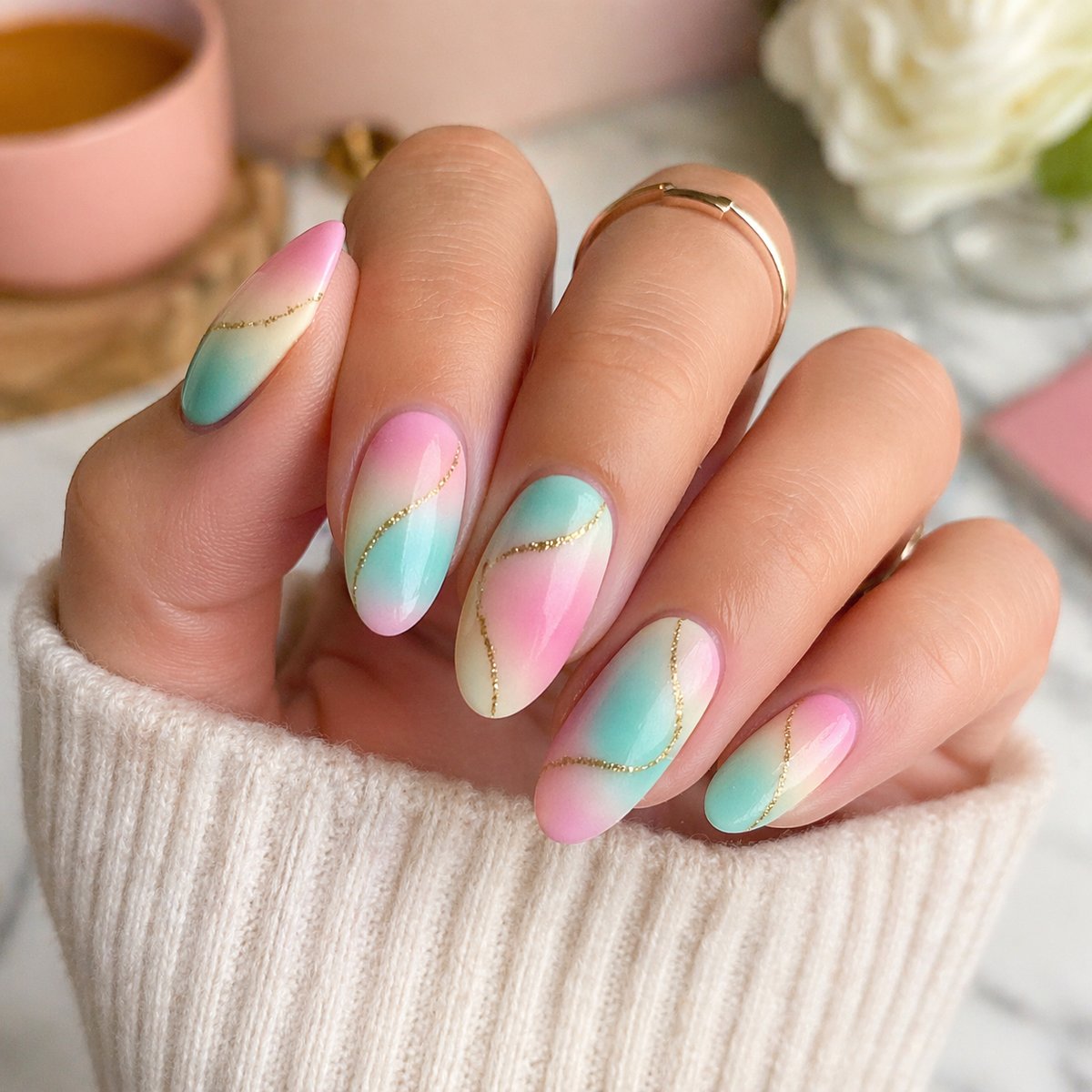 Sugar Skies Nailwraps – Pastel Swirls & Golden Sparkle