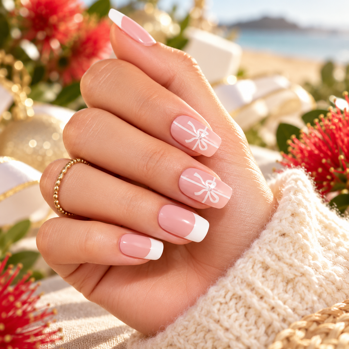 Christmas Blush Bow French Tip Gel Wraps, blush pink French tips with white bows – EZYNails nail wraps, NZ