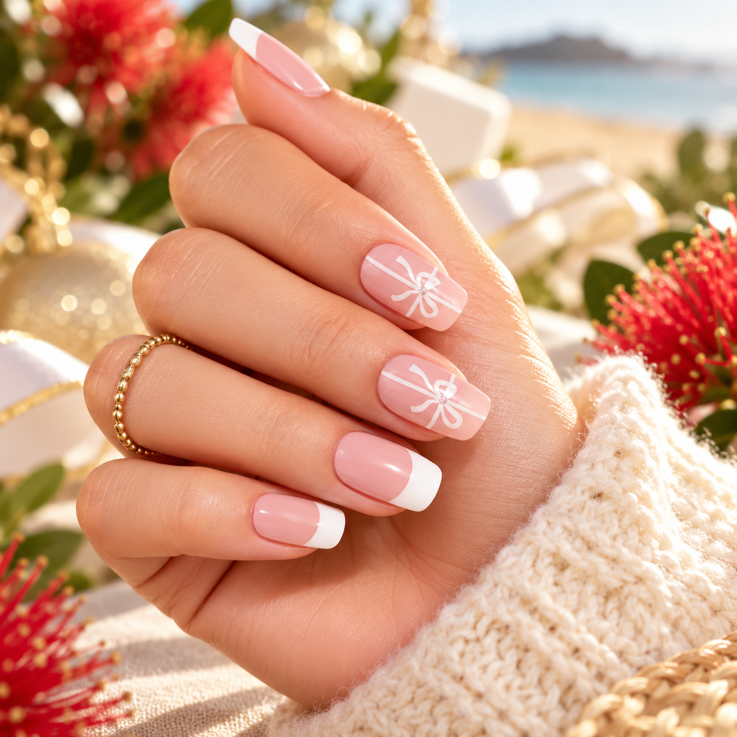 Christmas Blush Bow French Tip Gel Wraps, blush pink French tips with white bows – EZYNails nail wraps, NZ