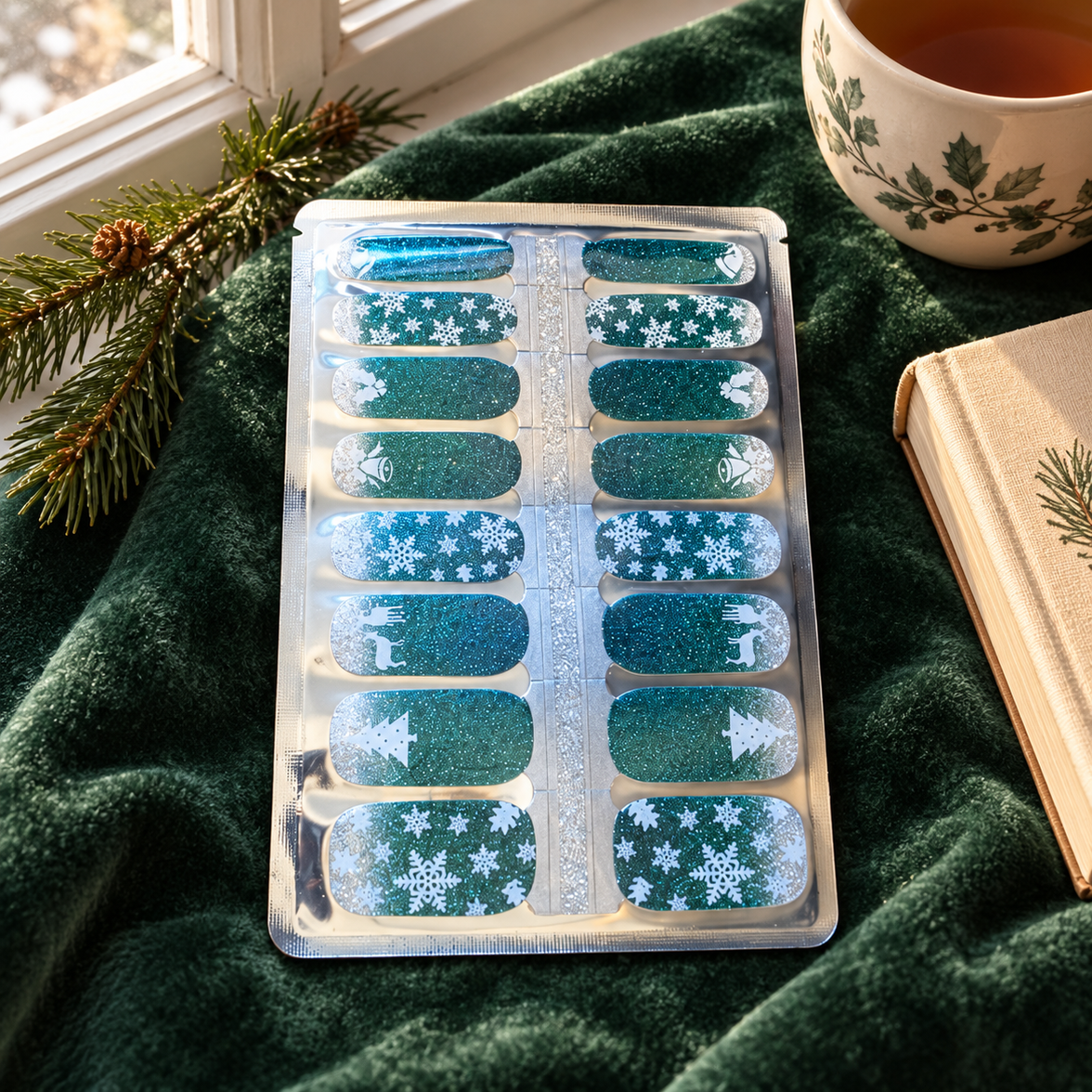 Twinkling Snowfall Christmas Nail Wraps, glittery teal with snowflakes, trees and reindeer – EZYNails nail wraps, NZ