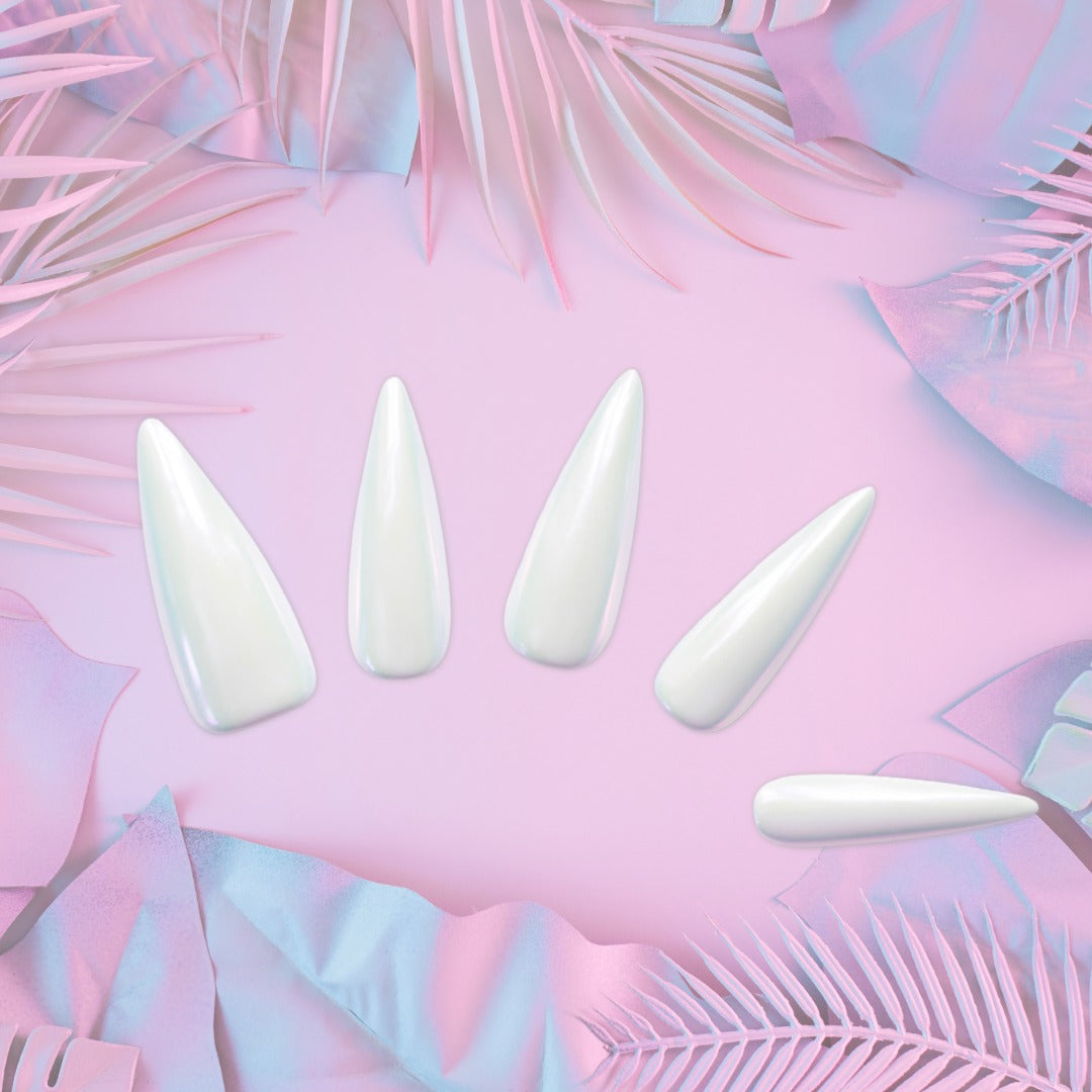 Iridescent Pearl White Press-On Nails – Glossy Chrome Manicure