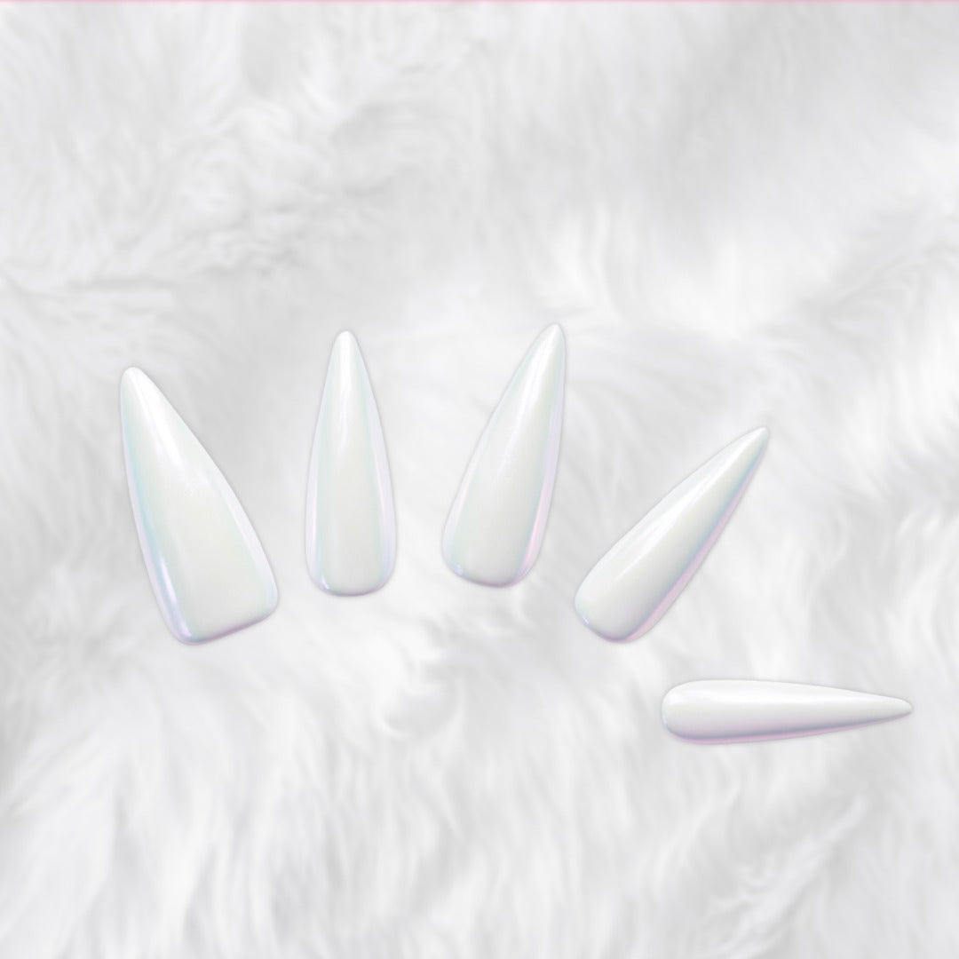 Iridescent Pearl White Press-On Nails – Glossy Chrome Manicure