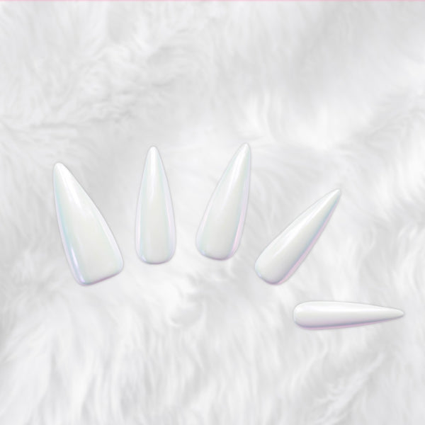 Iridescent Pearl White Press-On Nails – Glossy Chrome Manicure