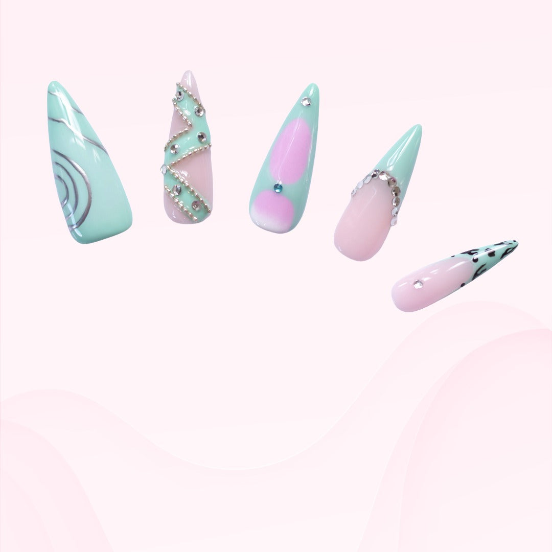 Mint Green and Pink Glam Press-on nails – Rhinestone Statement Manicure