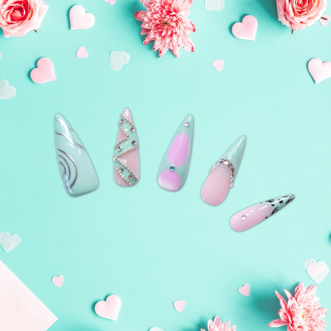 Mint Green and Pink Glam Press-on nails – Rhinestone Statement Manicure