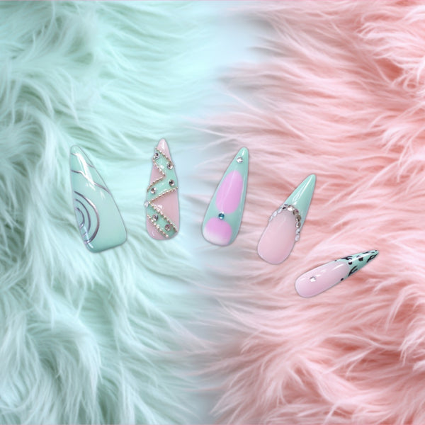 Mint Green and Pink Glam Press-on nails – Rhinestone Statement Manicure