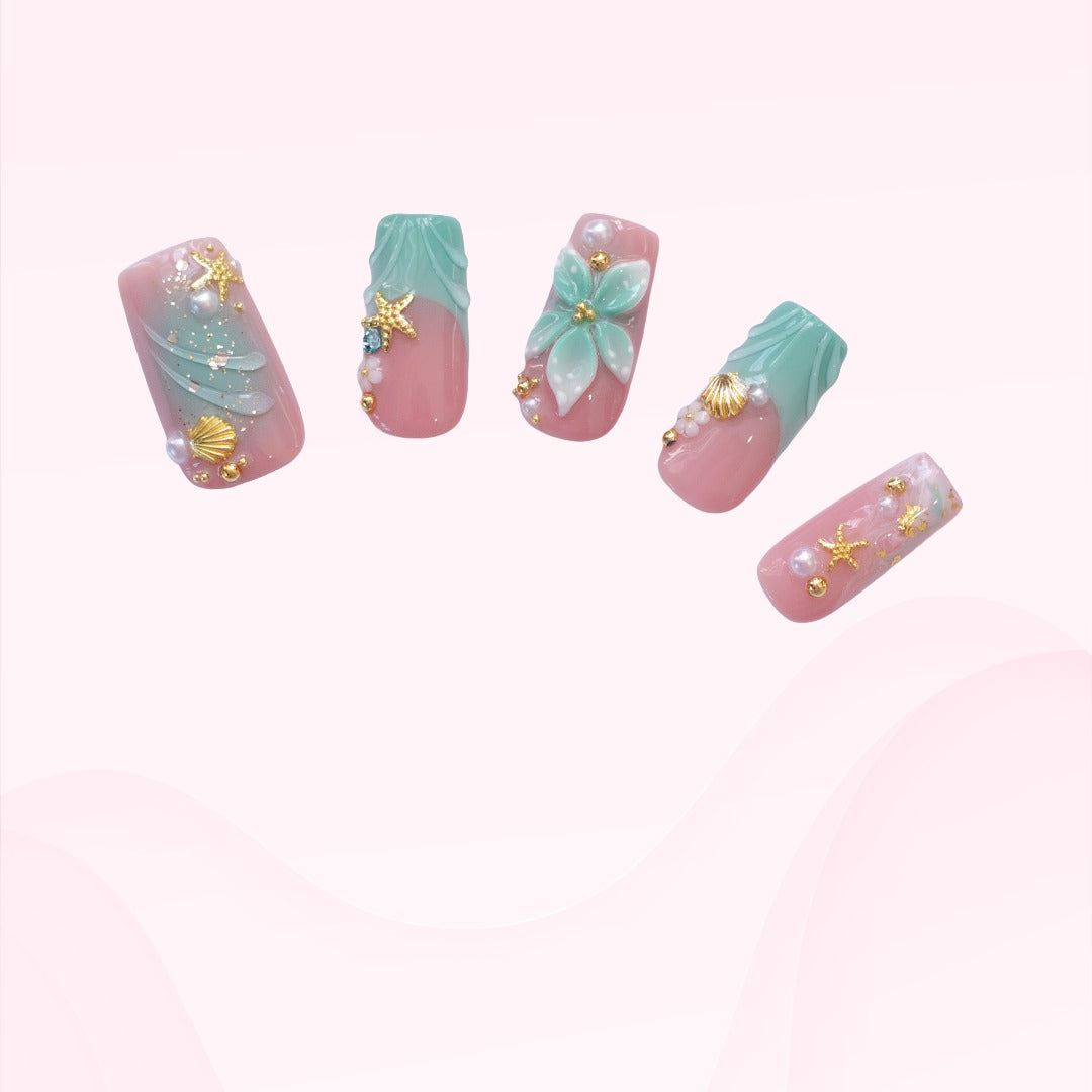 Green Tropical Floral Press On Nails – Glossy Glam Beach Set