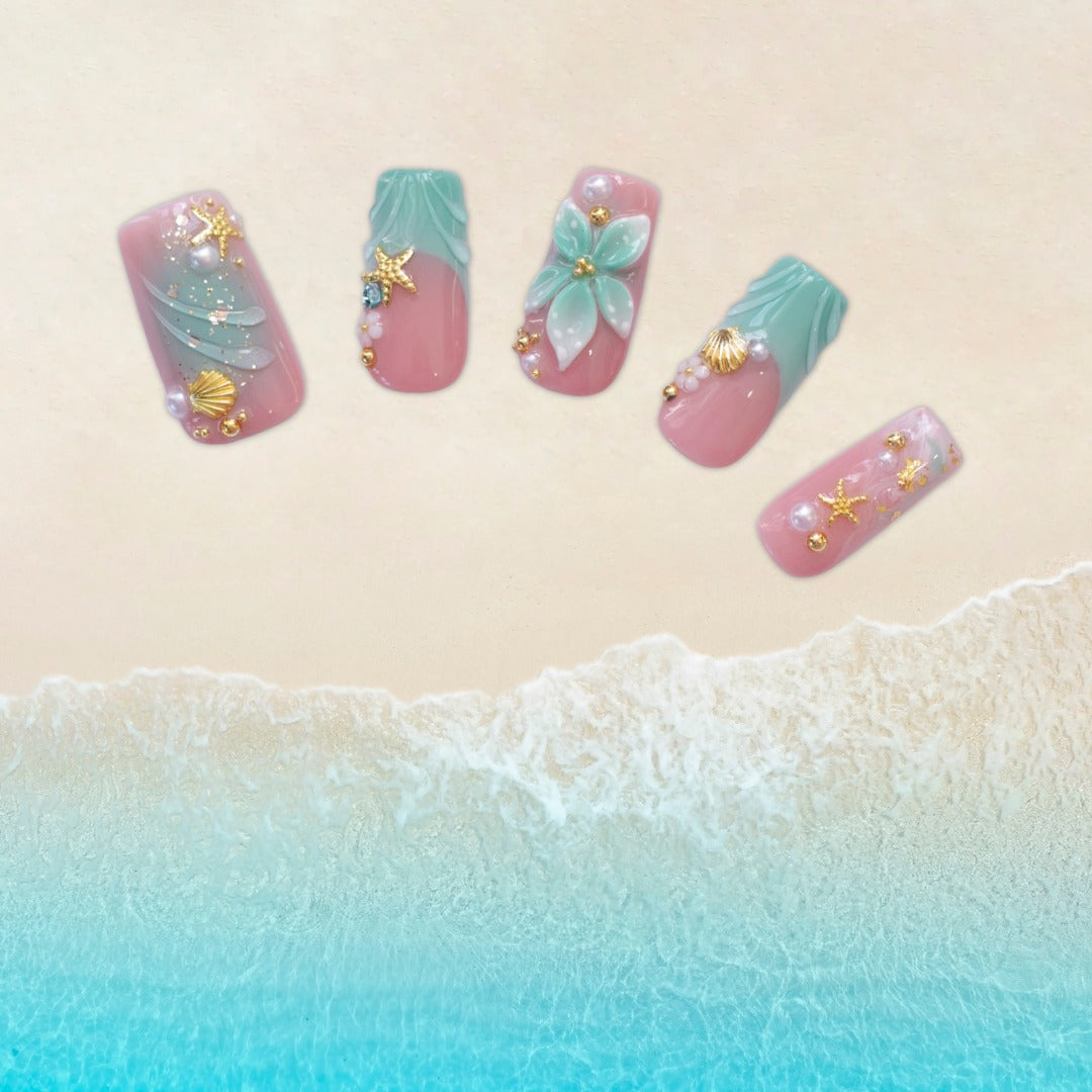 Green Tropical Floral Press On Nails – Glossy Glam Beach Set