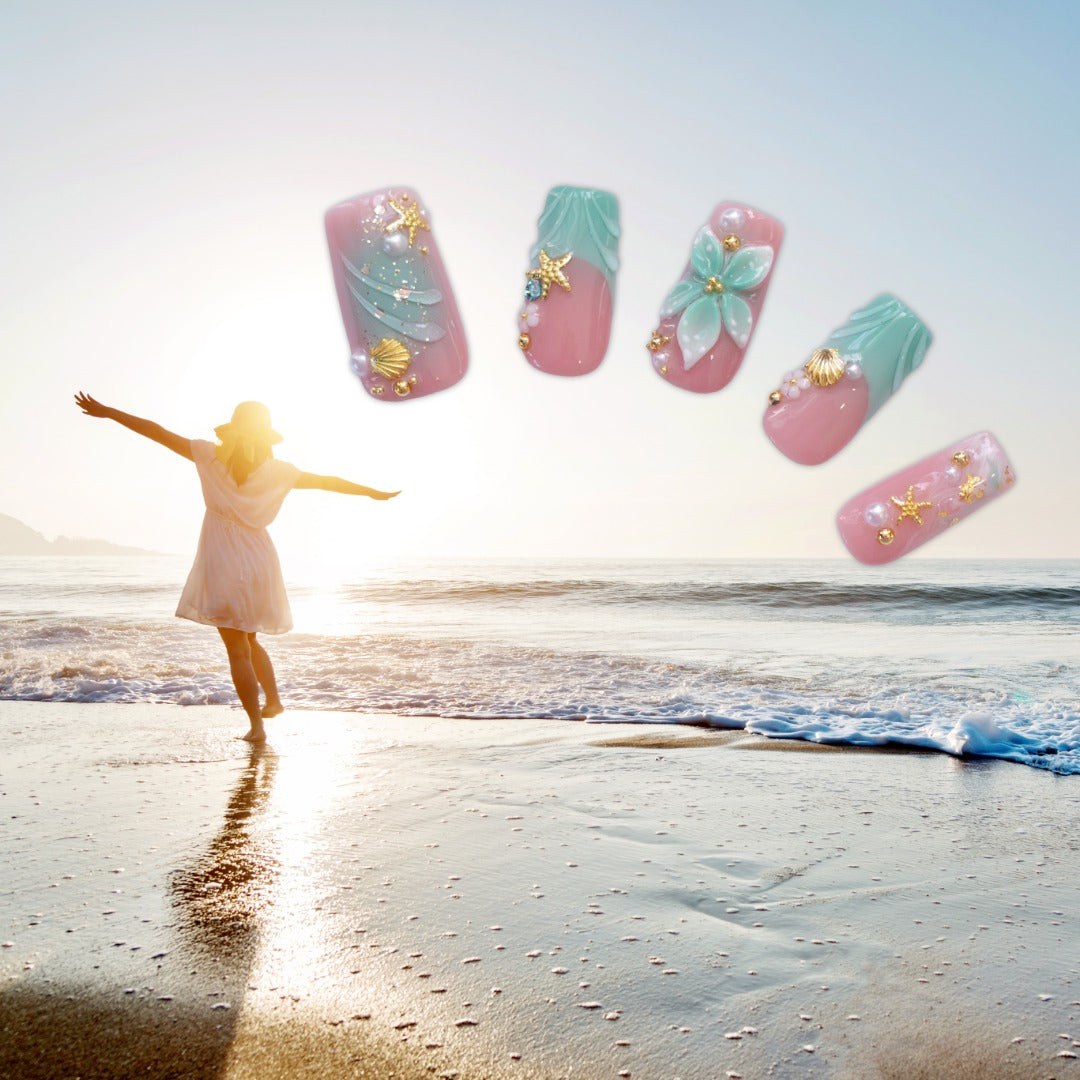 Green Tropical Floral Press On Nails – Glossy Glam Beach Set