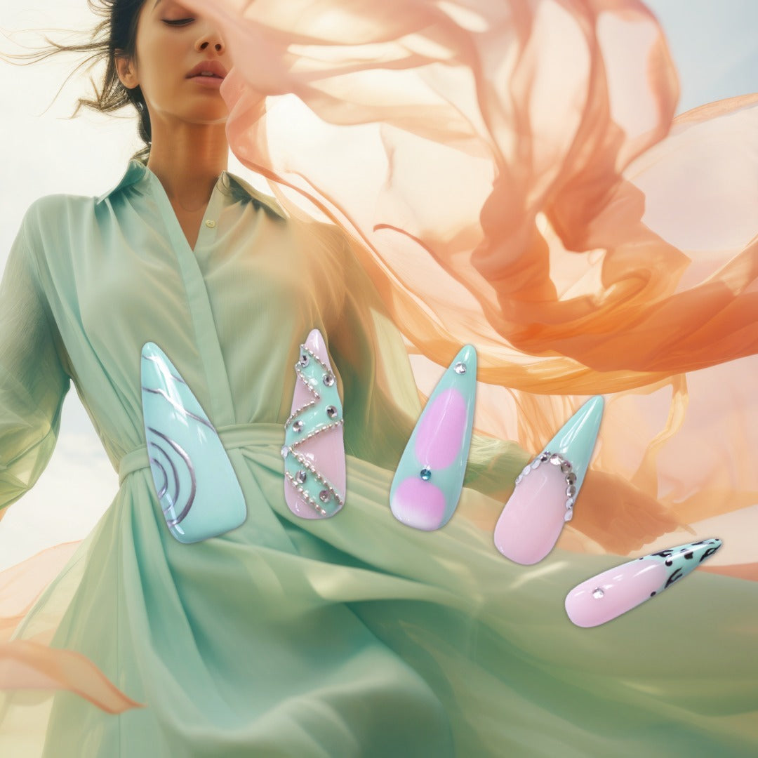 Mint Green and Pink Glam Press-on nails – Rhinestone Statement Manicure