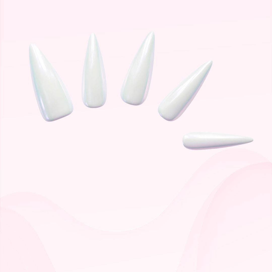 Iridescent Pearl White Press-On Nails – Glossy Chrome Manicure