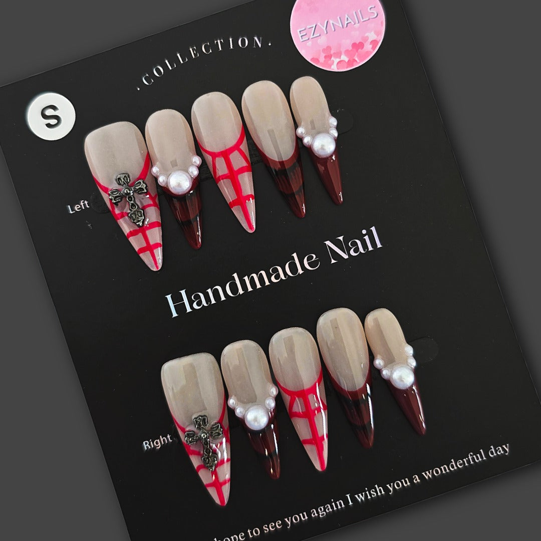 Vampire’s Kiss Handmade Press-On Nails – Red, Pearl & Gothic Cross
