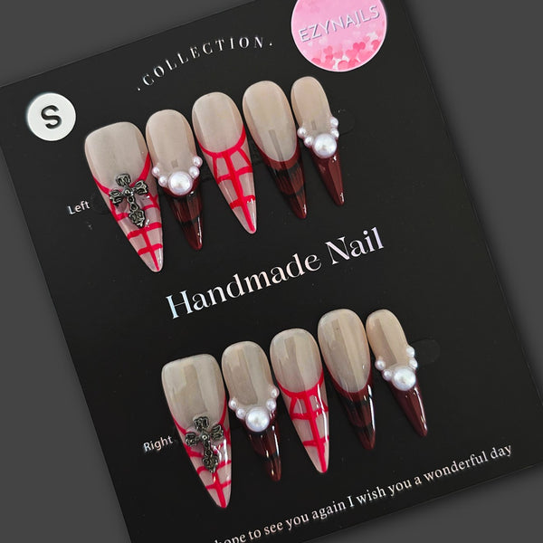 Vampire’s Kiss Handmade Press-On Nails – Red, Pearl & Gothic Cross