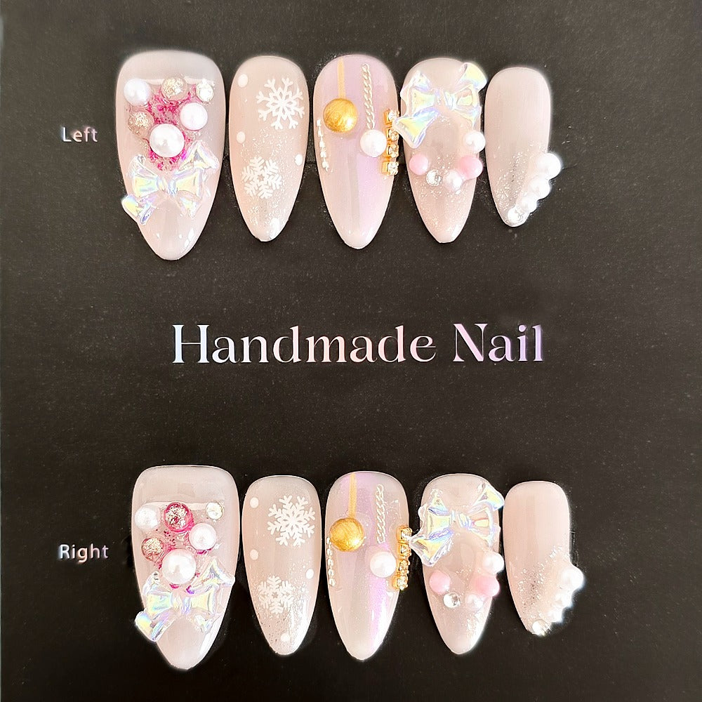 Snowflake Luxe Press-ons – Christmas Holiday Glam in Pearls & Pink