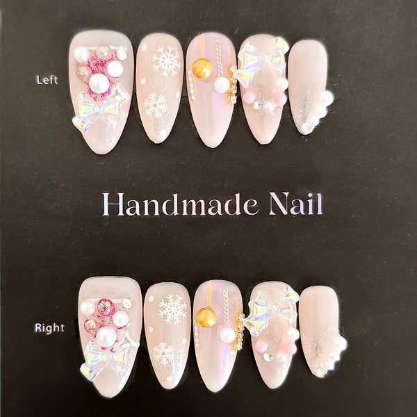 Snowflake Luxe Press-ons – Christmas Holiday Glam in Pearls & Pink