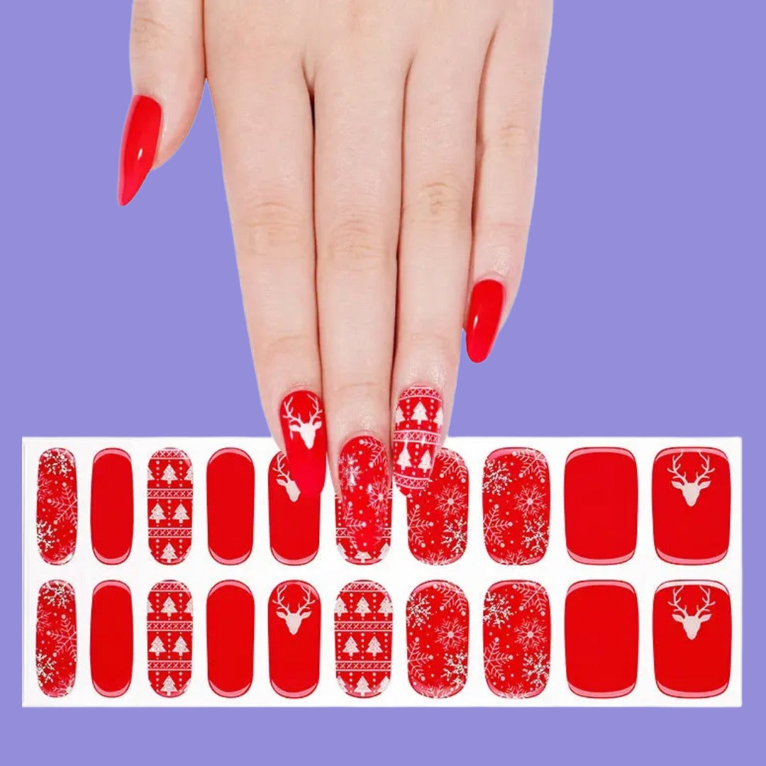 Red Christmas Nailwraps with Reindeer & Snowflakes