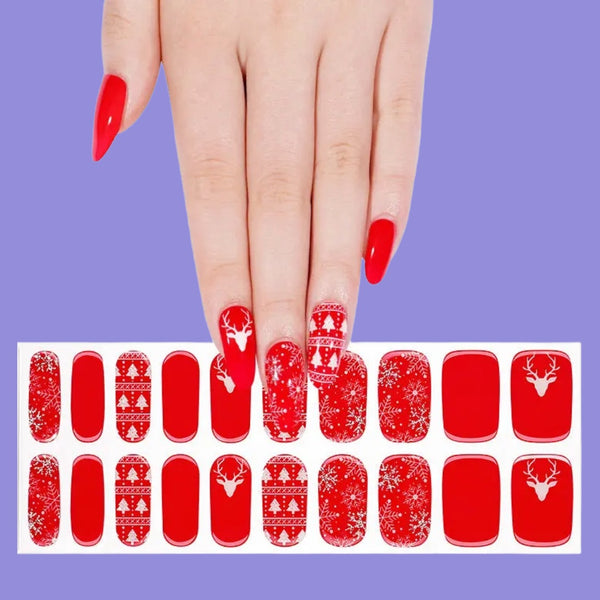 Red Christmas Nailwraps with Reindeer & Snowflakes