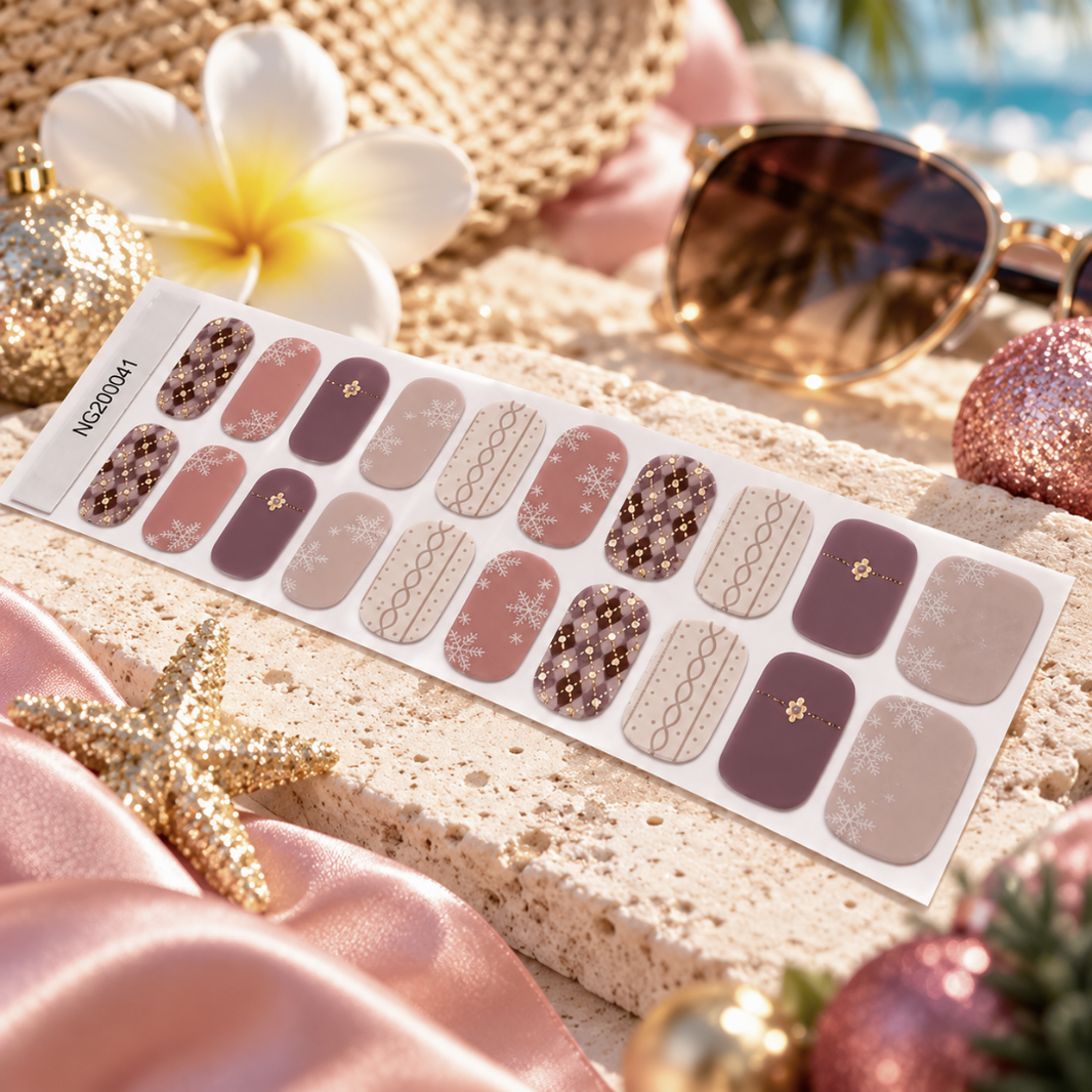 Mauve Knit Christmas Snowflake Gel Wraps, mauve knit prints, snowflakes and glitter checks – EZYNails nail wraps, NZ