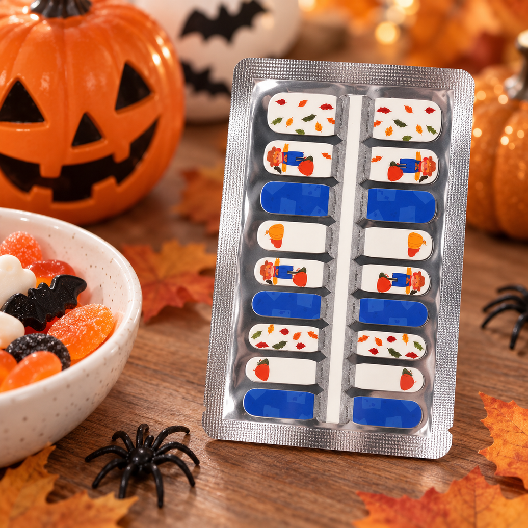 Kids Blue Scarecrow nail wraps with scarecrows, pumpkins and autumn leaves – EzyNails NZ