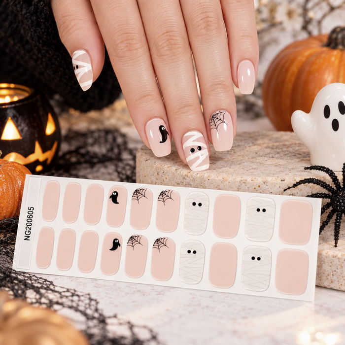 Nude Mummy Ghost Halloween Premium Gel Wraps, mummy and ghost Halloween manicure – EZYNails nail wraps, NZ
