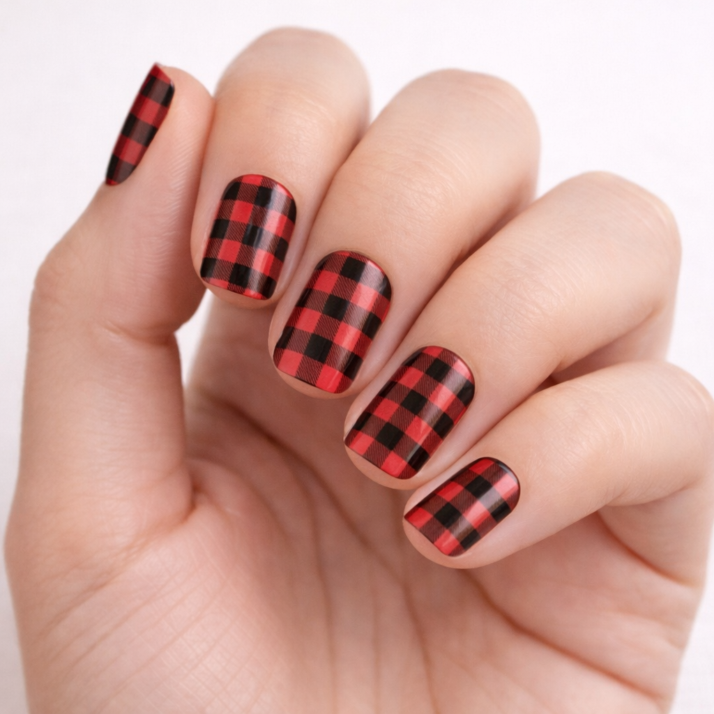 Red Check Nail Wraps – Bold Plaid Nail Strips