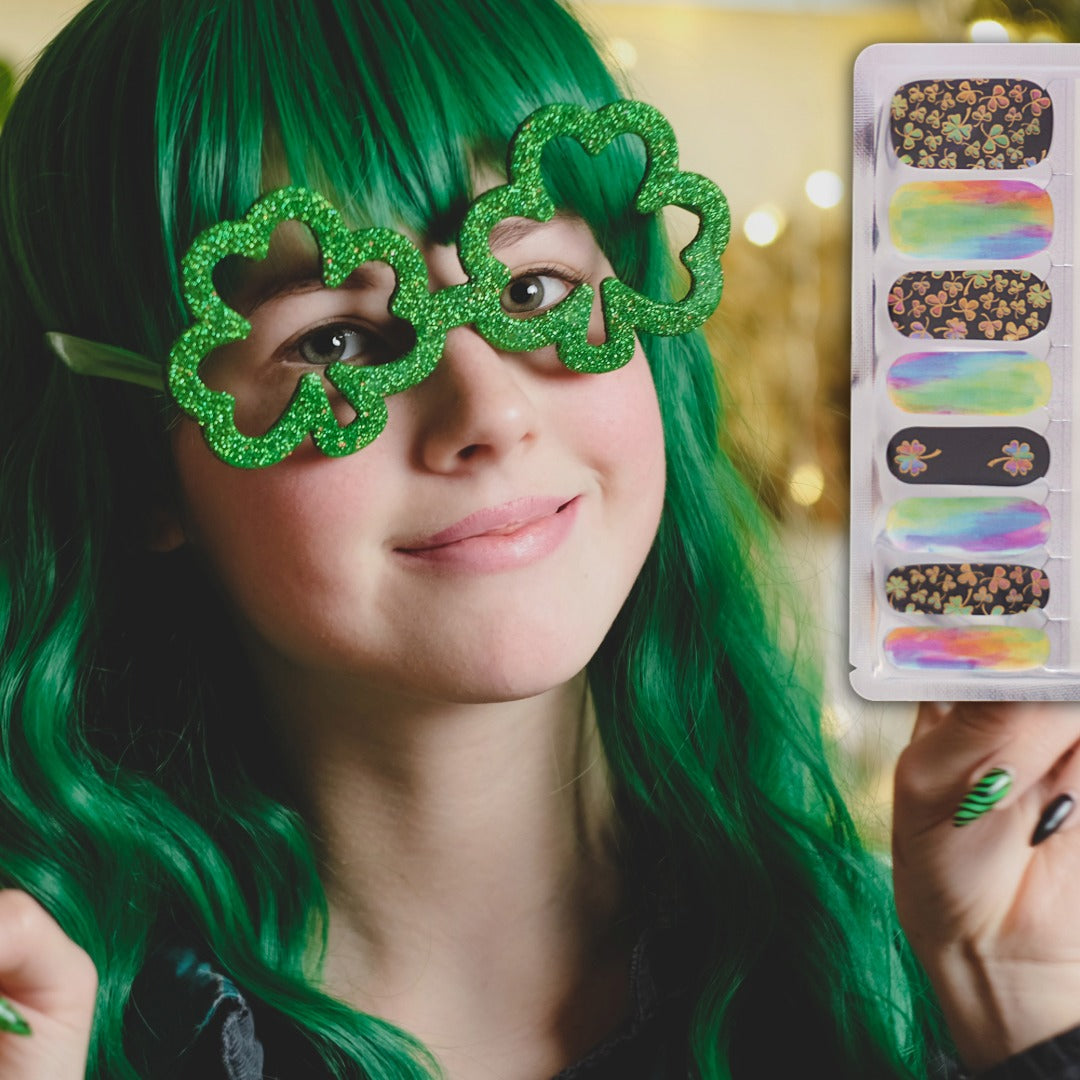 Lucky Rainbow Shamrock Nail Wraps applied