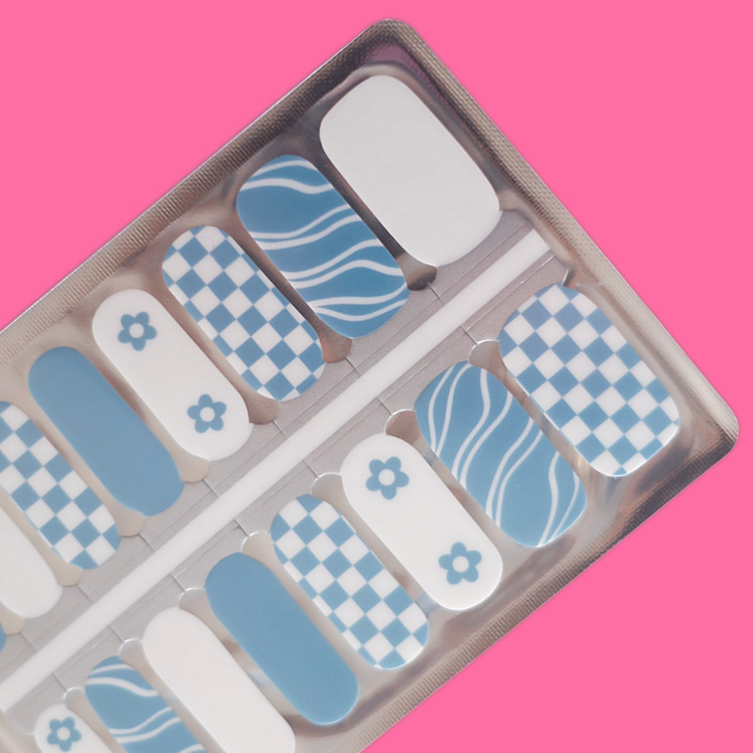 Blue Checkerboard Floral Nail Polish Wraps – Retro Design