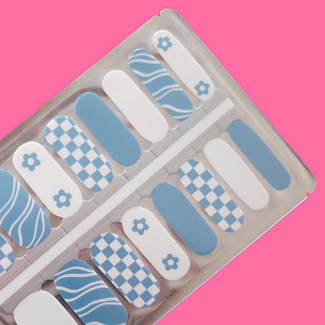 Blue Checkerboard Floral Nail Polish Wraps – Retro Design