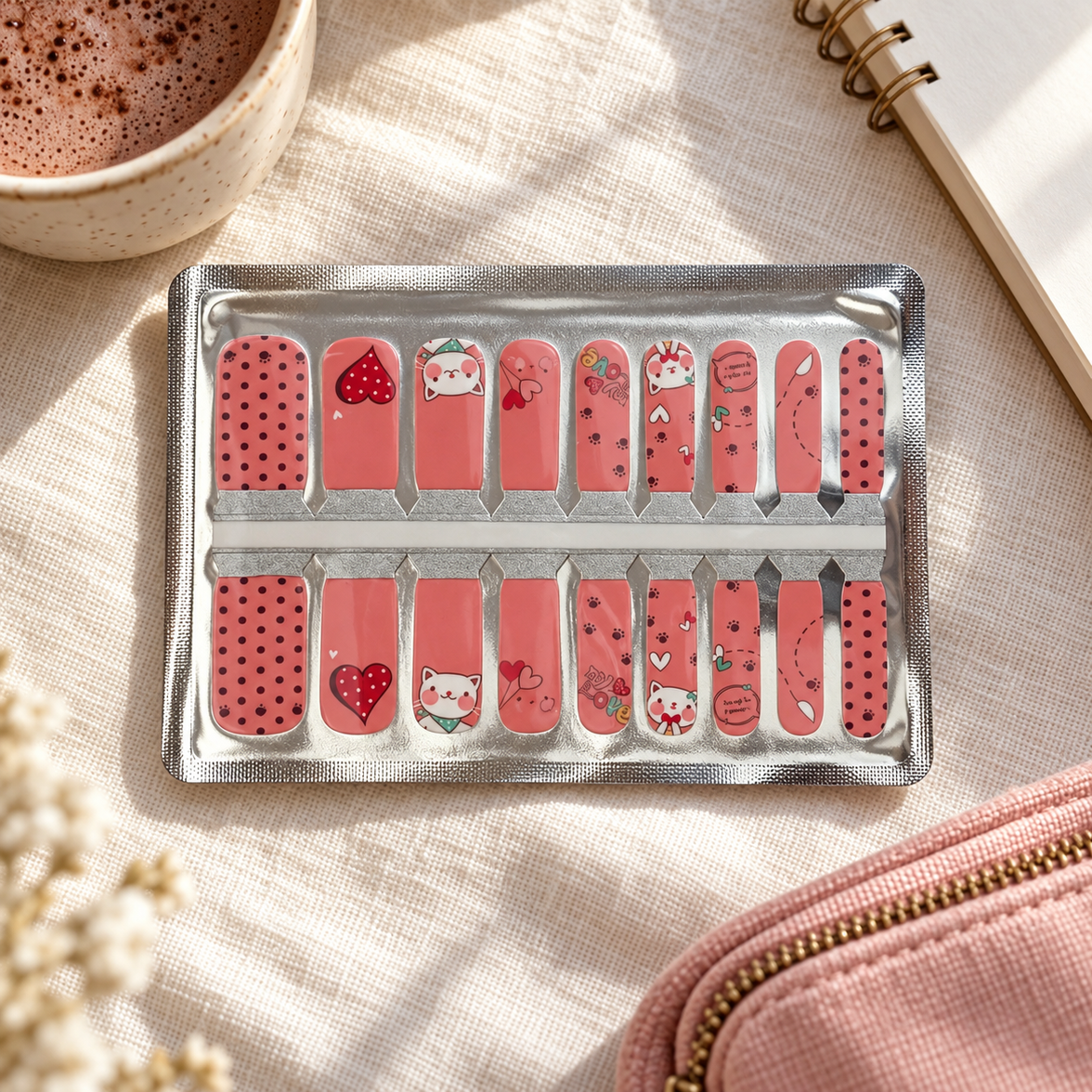 Kids Coral Kitty Heart Nail Wraps