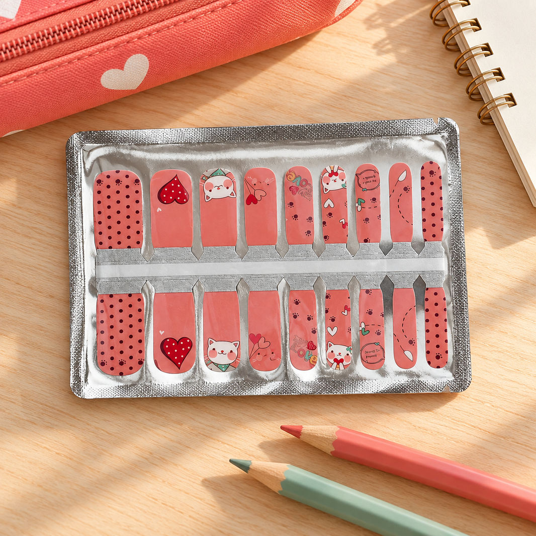 Kids Coral Kitty Heart Nail Wraps