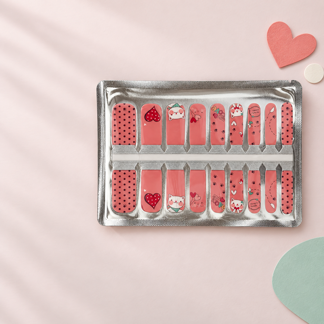 Kids Coral Kitty Heart Nail Wraps