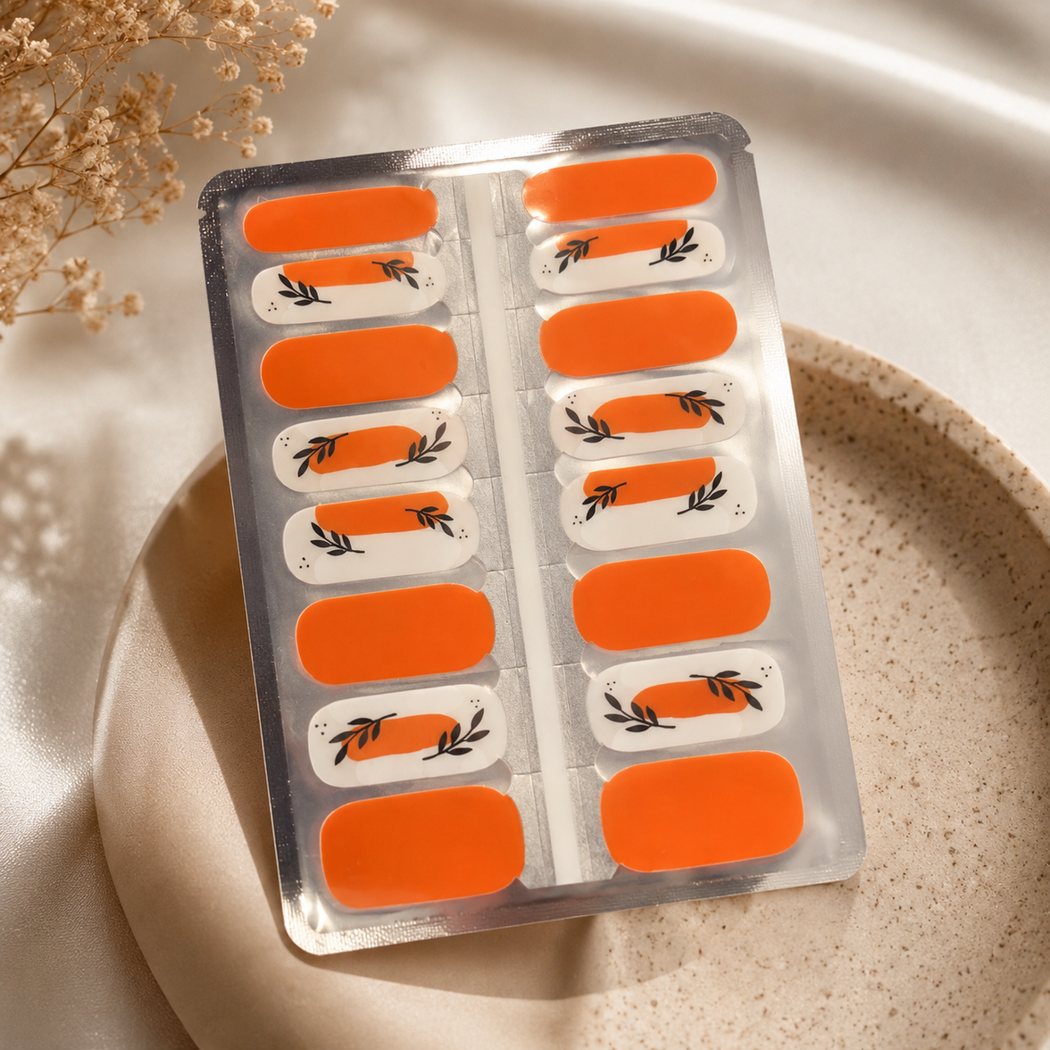 Citrus Grove bold orange nail wraps with leaf detailing