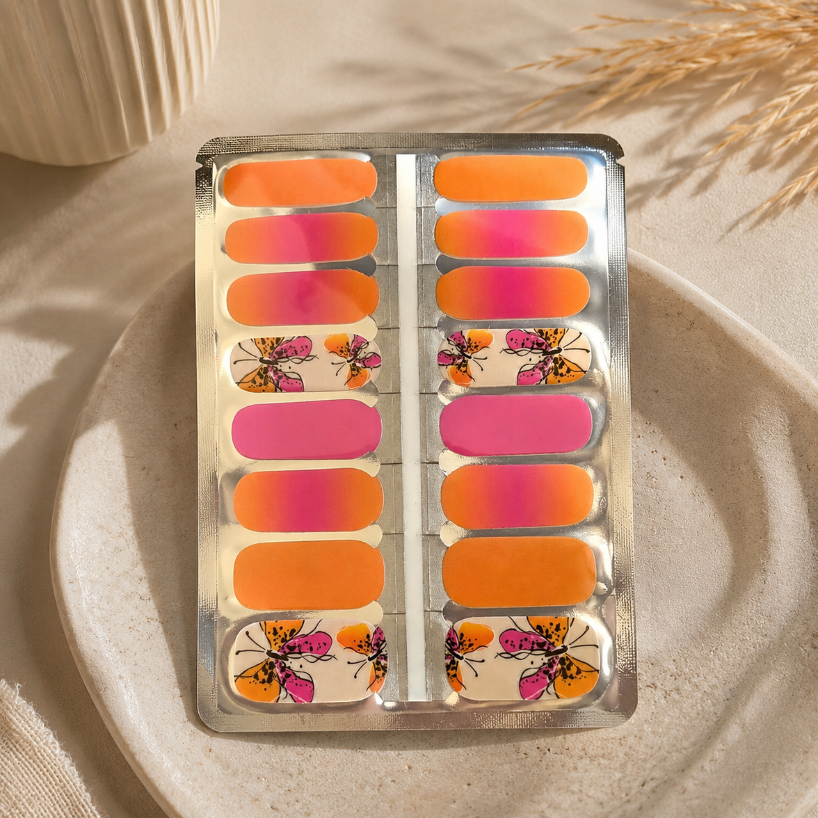 Orange Pink Butterfly Nail Wraps