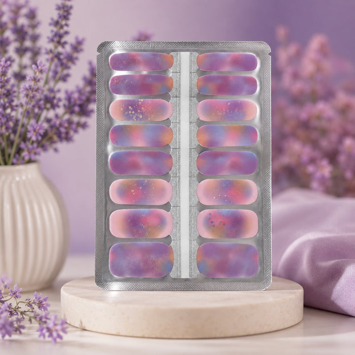 Stardust Haze pastel glitter ombré nail wraps in purple, pink and blue