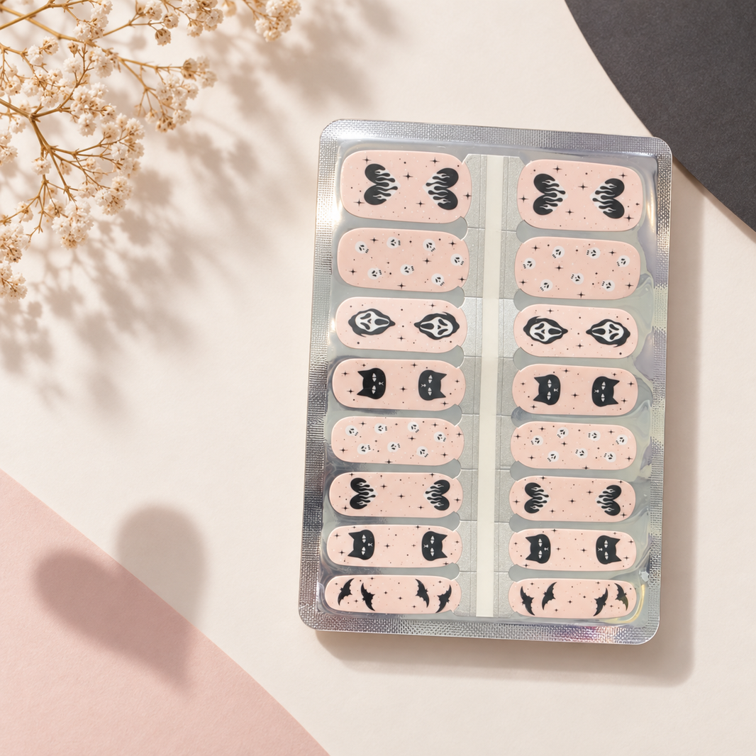 Pink Spooky Cute Halloween nail wraps with black cats, bats and ghosts on blush pink – EzyNails NZ