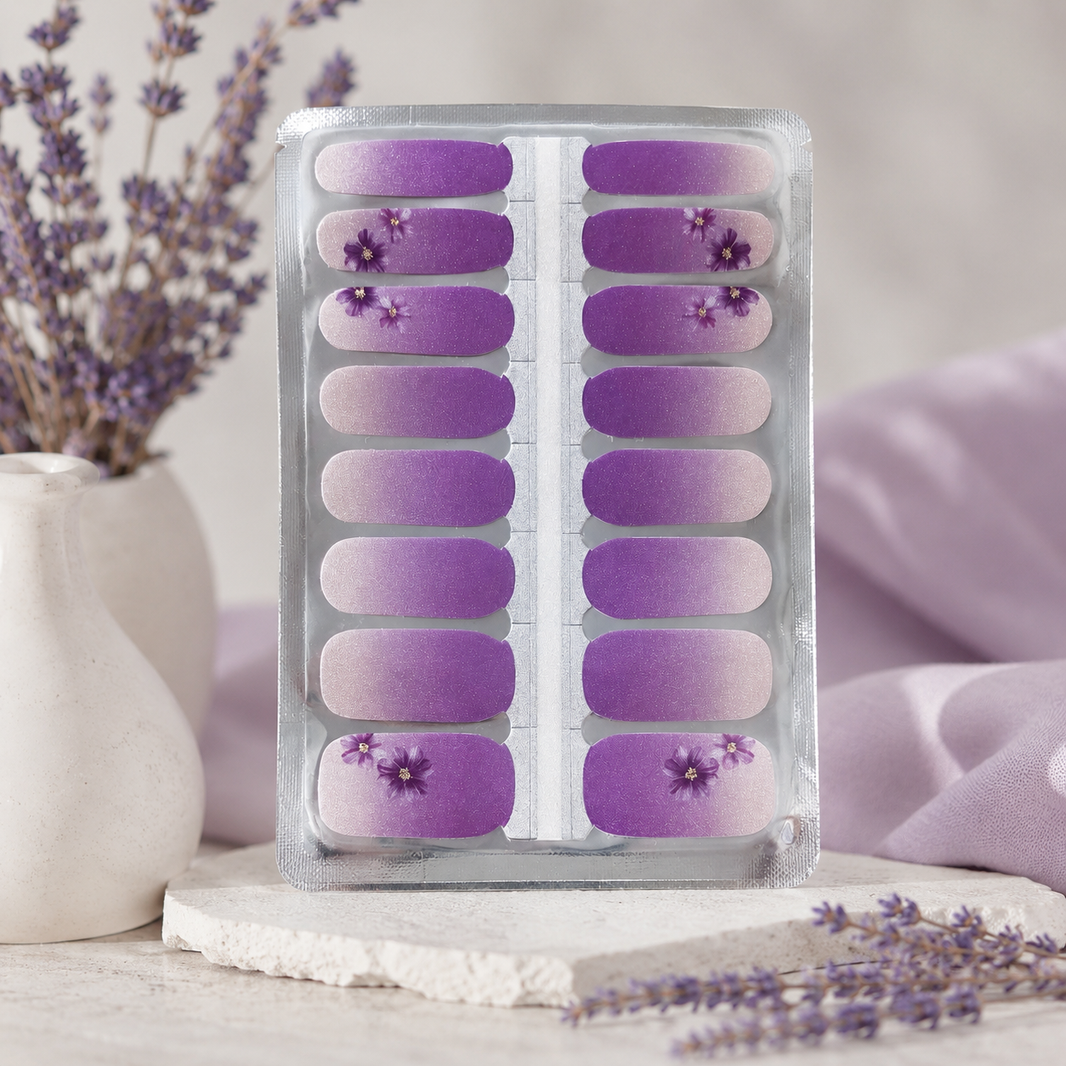 Lavender Bloom purple floral ombré nail wraps with soft shimmer