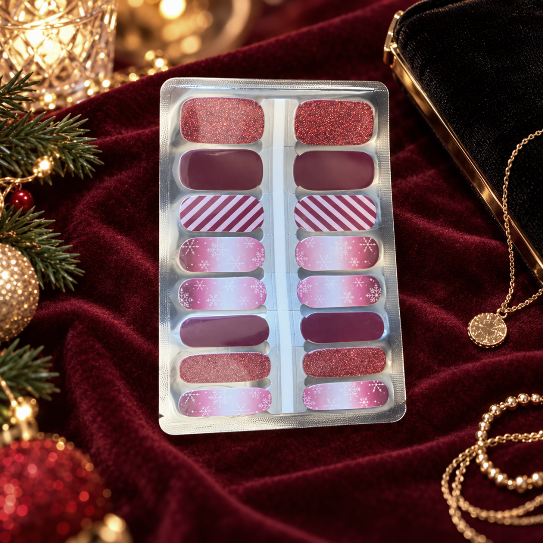 Christmas Frosted Candy Cane Nail Wraps, red glitter, candy cane stripes and snowflakes – EZYNails nail wraps, NZ