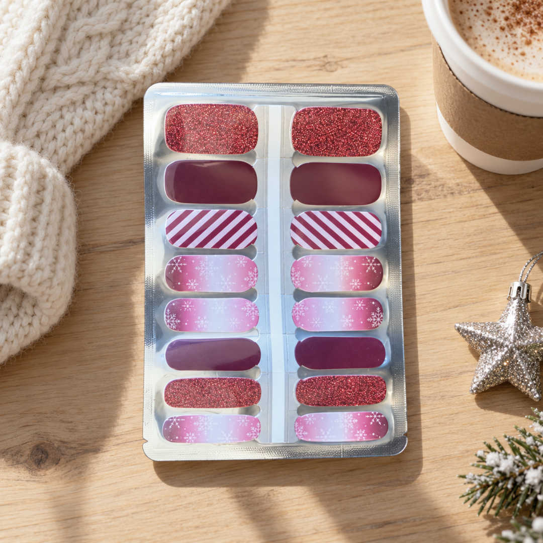 Christmas Frosted Candy Cane Nail Wraps, red glitter, candy cane stripes and snowflakes – EZYNails nail wraps, NZ